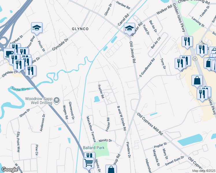 map of restaurants, bars, coffee shops, grocery stores, and more near 1198 Micaja Lane in Brunswick