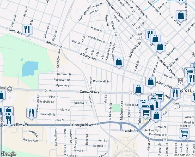 map of restaurants, bars, coffee shops, grocery stores, and more near 1106 Roosevelt Street in Waycross