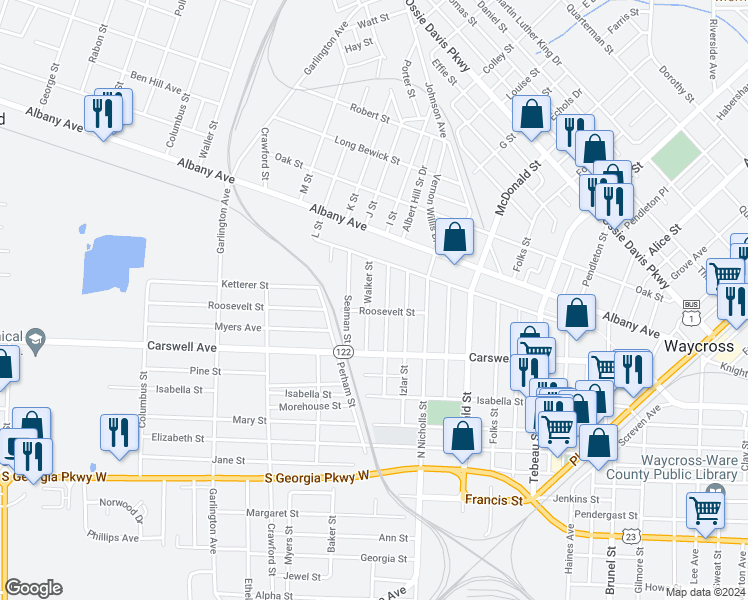 map of restaurants, bars, coffee shops, grocery stores, and more near 1106 Roosevelt Street in Waycross