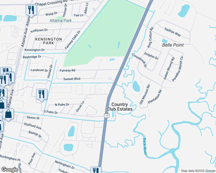 map of restaurants, bars, coffee shops, grocery stores, and more near 3975 Darien Hwy in Brunswick