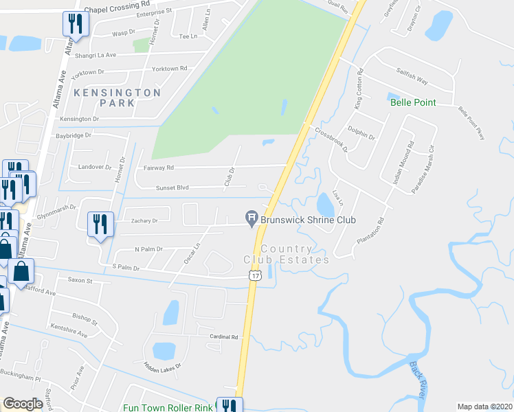 map of restaurants, bars, coffee shops, grocery stores, and more near 3975 Darien Highway in Brunswick