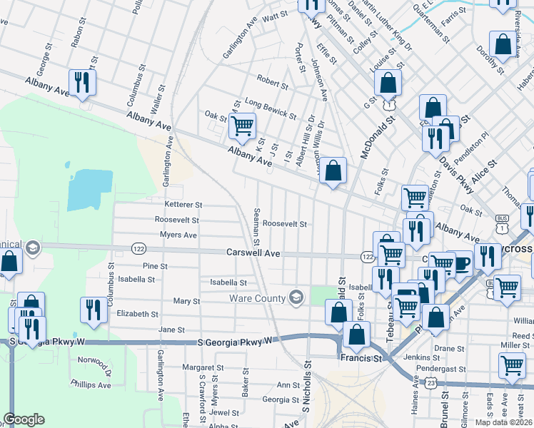 map of restaurants, bars, coffee shops, grocery stores, and more near 1106 Roosevelt Street in Waycross