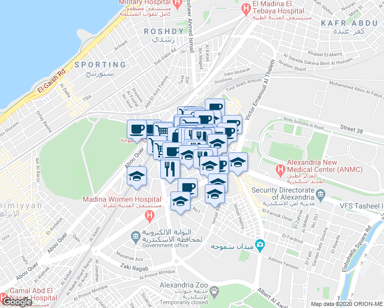 map of restaurants, bars, coffee shops, grocery stores, and more near in Sidi Gaber