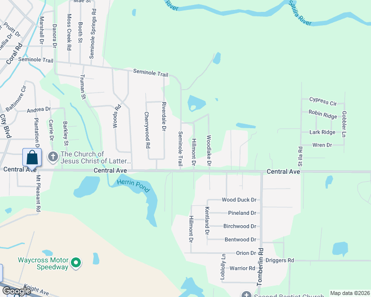 map of restaurants, bars, coffee shops, grocery stores, and more near 2775 Seminole Trail in Waycross