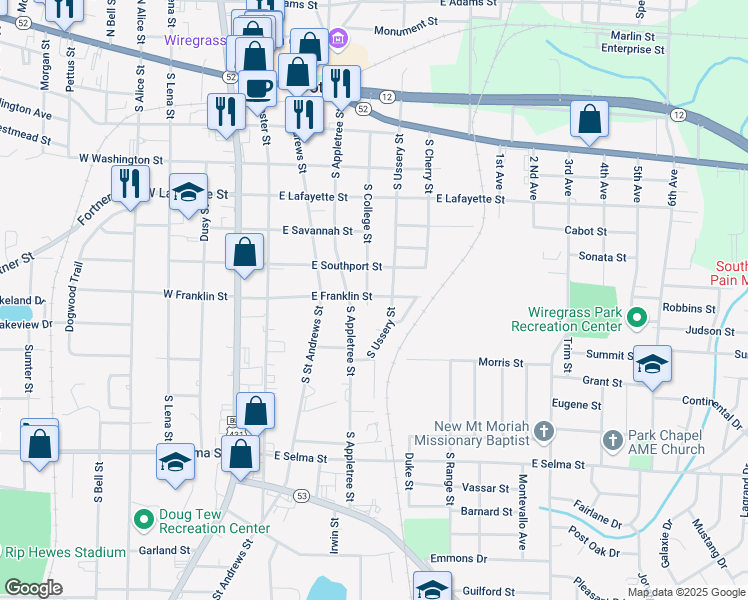 map of restaurants, bars, coffee shops, grocery stores, and more near 703 South College Street in Dothan