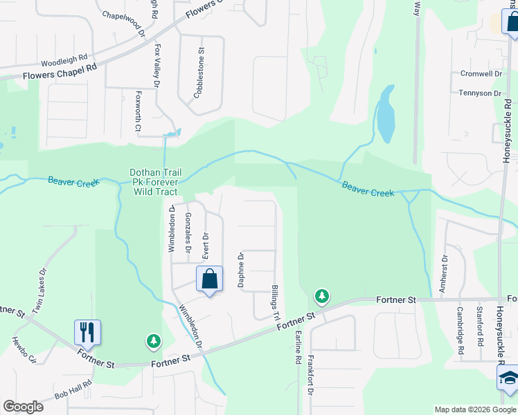 map of restaurants, bars, coffee shops, grocery stores, and more near 636 Wimbledon Drive in Dothan