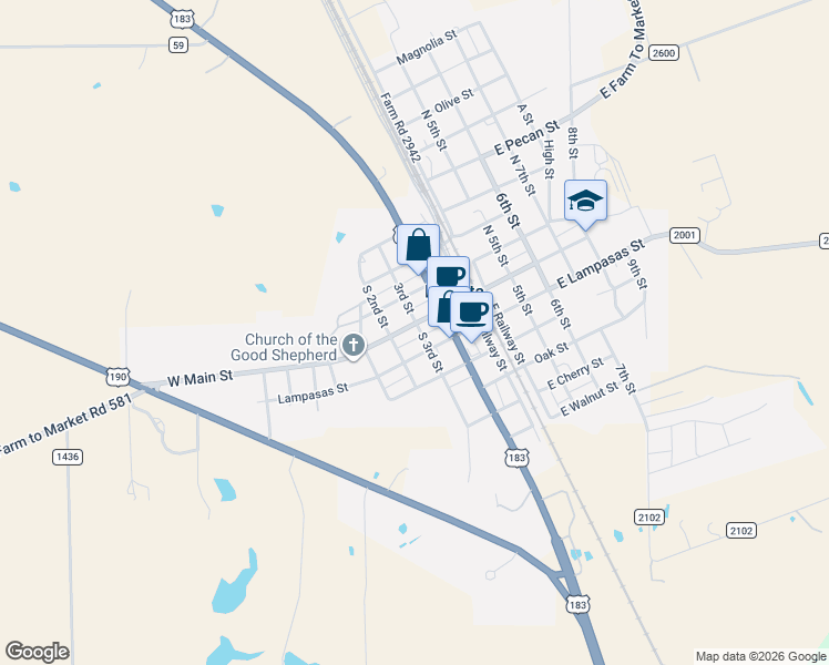 map of restaurants, bars, coffee shops, grocery stores, and more near 106 South 3rd Street in Lometa