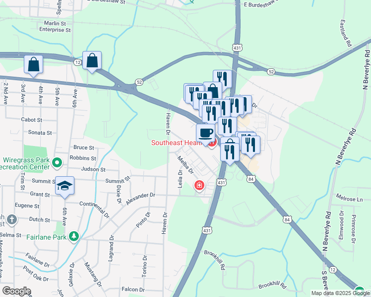 map of restaurants, bars, coffee shops, grocery stores, and more near 1800 Fairview Avenue in Dothan