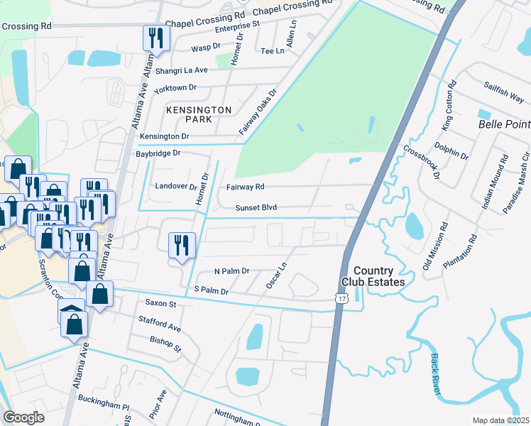 map of restaurants, bars, coffee shops, grocery stores, and more near 524 Sunset Boulevard in Brunswick