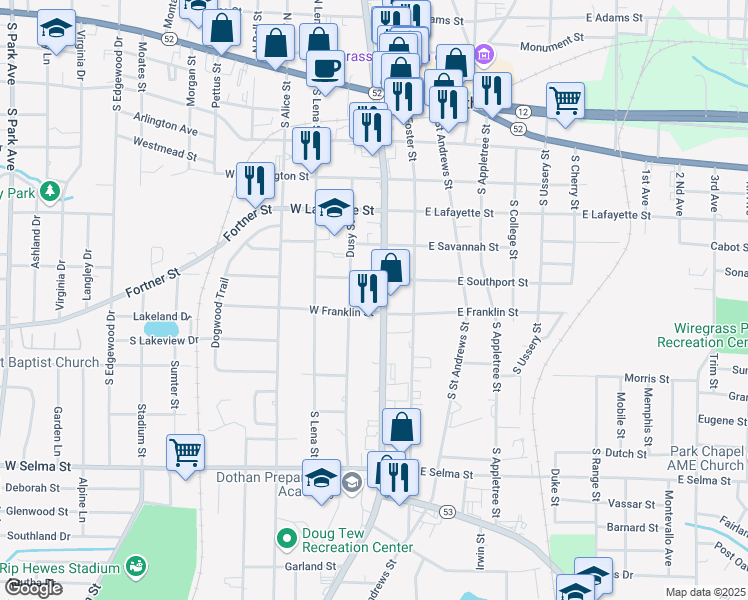 map of restaurants, bars, coffee shops, grocery stores, and more near 652 South Oates Street in Dothan