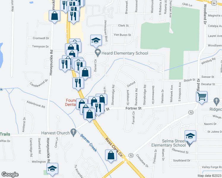 map of restaurants, bars, coffee shops, grocery stores, and more near 2408 Stonebridge Road in Dothan