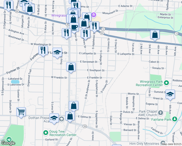 map of restaurants, bars, coffee shops, grocery stores, and more near 625 South Saint Andrews Street in Dothan