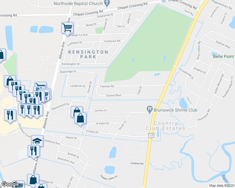 map of restaurants, bars, coffee shops, grocery stores, and more near 524 Sunset Boulevard in Brunswick