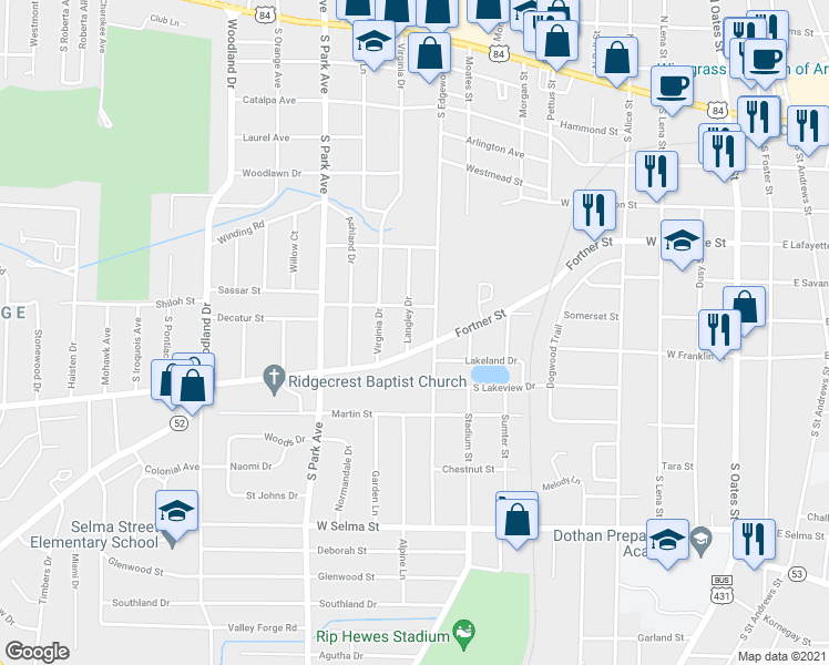 map of restaurants, bars, coffee shops, grocery stores, and more near 709 Langley Drive in Dothan