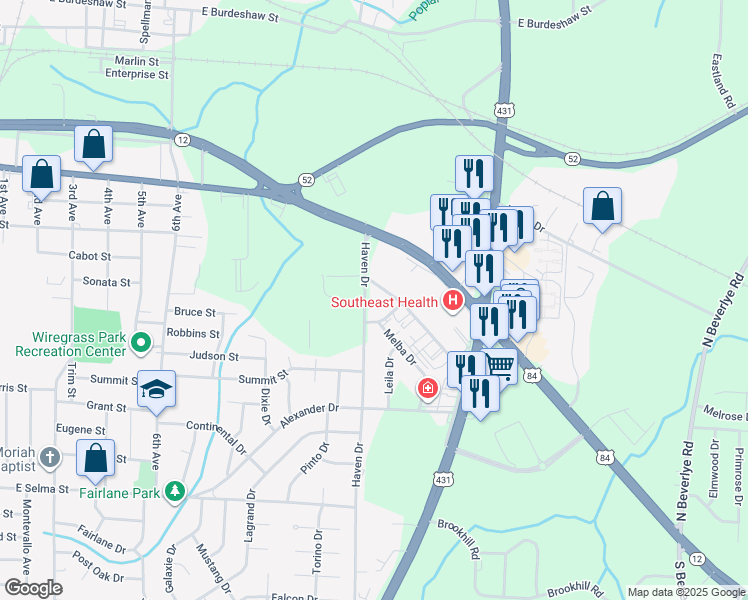 map of restaurants, bars, coffee shops, grocery stores, and more near 1800 Fairview Avenue in Dothan