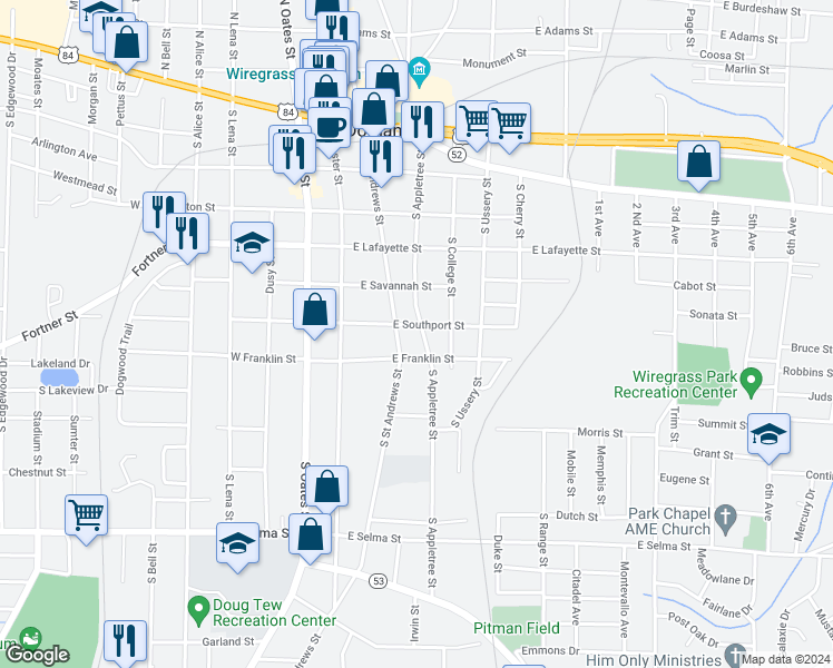map of restaurants, bars, coffee shops, grocery stores, and more near 604 South Appletree Street in Dothan