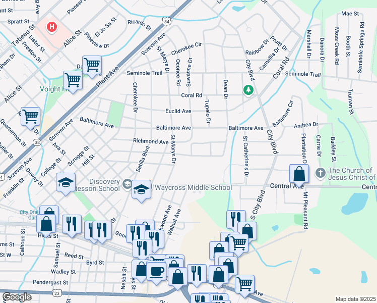 map of restaurants, bars, coffee shops, grocery stores, and more near 809 Atlantic Avenue in Waycross