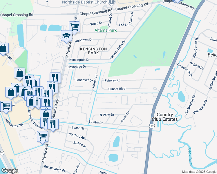 map of restaurants, bars, coffee shops, grocery stores, and more near 55 Sunset Boulevard in Brunswick