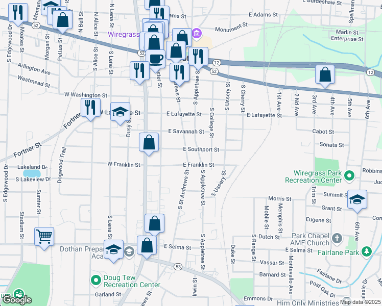 map of restaurants, bars, coffee shops, grocery stores, and more near 625 South Saint Andrews Street in Dothan