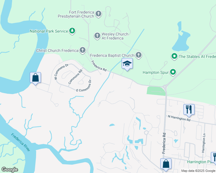map of restaurants, bars, coffee shops, grocery stores, and more near 104 Marsh Point in St. Simons Island