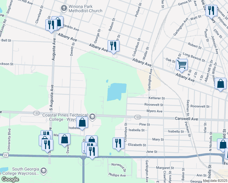 map of restaurants, bars, coffee shops, grocery stores, and more near 701 Columbus Street in Waycross