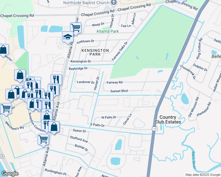 map of restaurants, bars, coffee shops, grocery stores, and more near 55 Sunset Boulevard in Brunswick