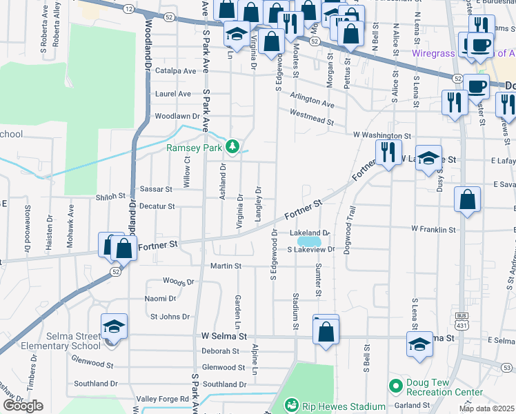map of restaurants, bars, coffee shops, grocery stores, and more near 709 Langley Drive in Dothan