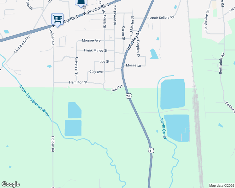 map of restaurants, bars, coffee shops, grocery stores, and more near 1025 Carr Road in McComb