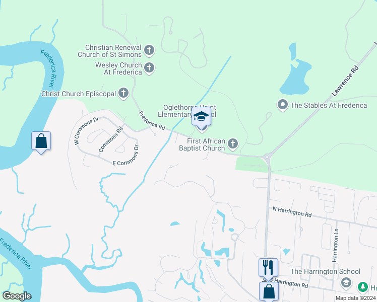 map of restaurants, bars, coffee shops, grocery stores, and more near 6001 Frederica Road in St. Simons Island