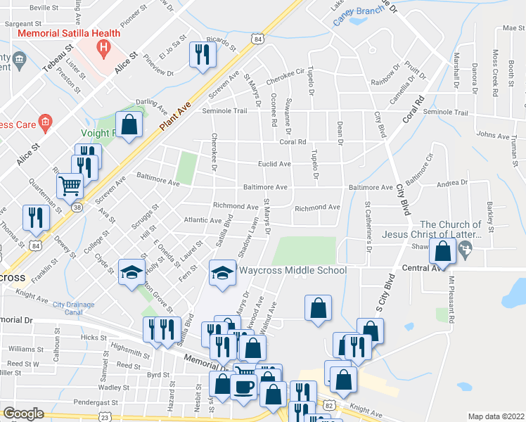 map of restaurants, bars, coffee shops, grocery stores, and more near 712 Richmond Avenue in Waycross