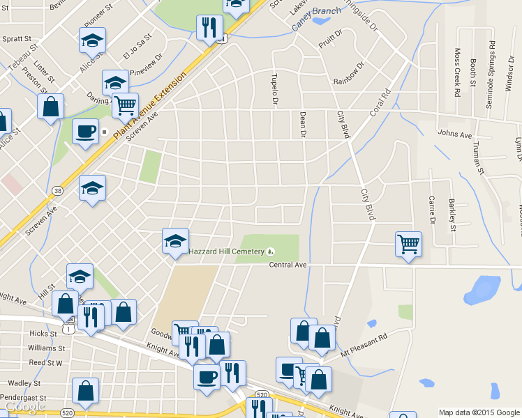 map of restaurants, bars, coffee shops, grocery stores, and more near 809 Atlantic Avenue in Waycross
