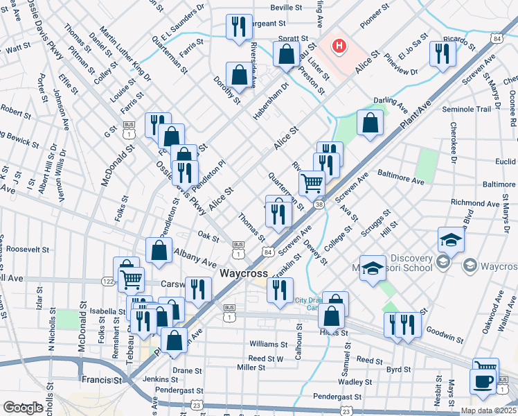 map of restaurants, bars, coffee shops, grocery stores, and more near 1113 Church Street in Waycross