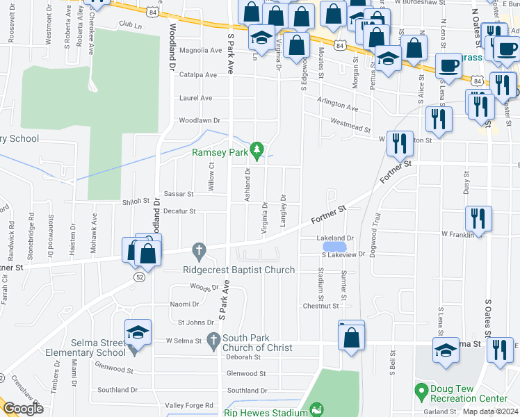 map of restaurants, bars, coffee shops, grocery stores, and more near 702 Virginia Drive in Dothan