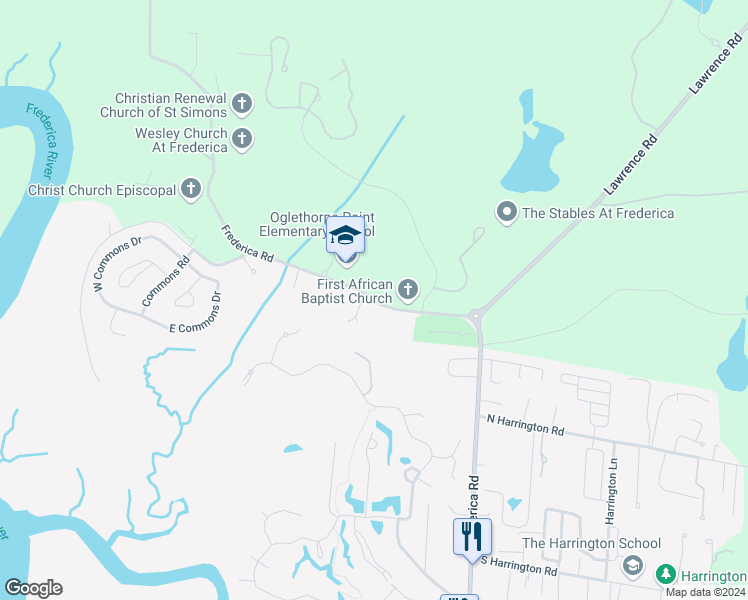 map of restaurants, bars, coffee shops, grocery stores, and more near 6001 Frederica Road in Saint Simons Island