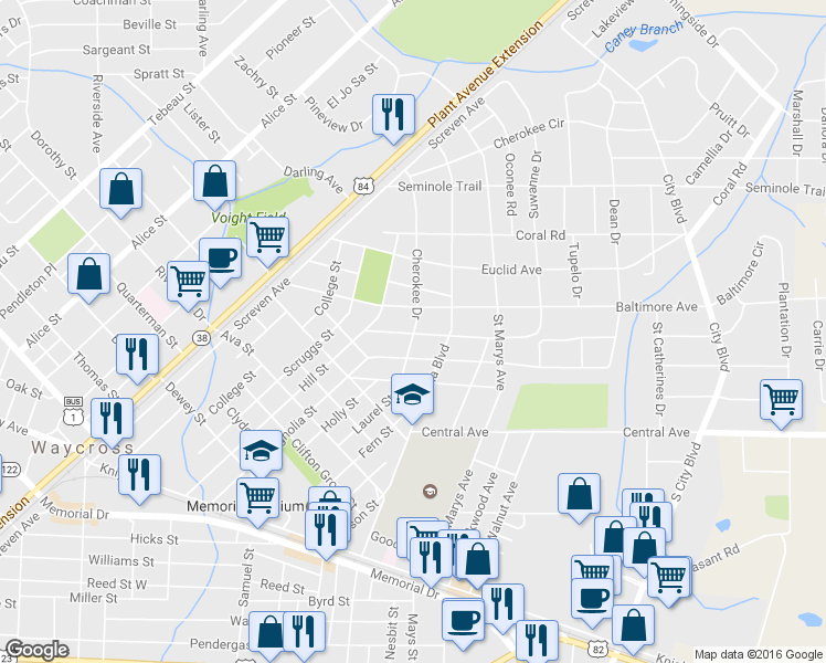 map of restaurants, bars, coffee shops, grocery stores, and more near 1107 Cherokee Drive in Waycross