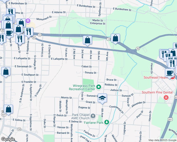 map of restaurants, bars, coffee shops, grocery stores, and more near 1004 Cabot St in Dothan