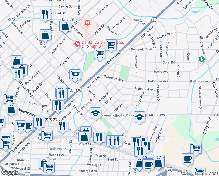 map of restaurants, bars, coffee shops, grocery stores, and more near 203 Forrest Avenue in Waycross