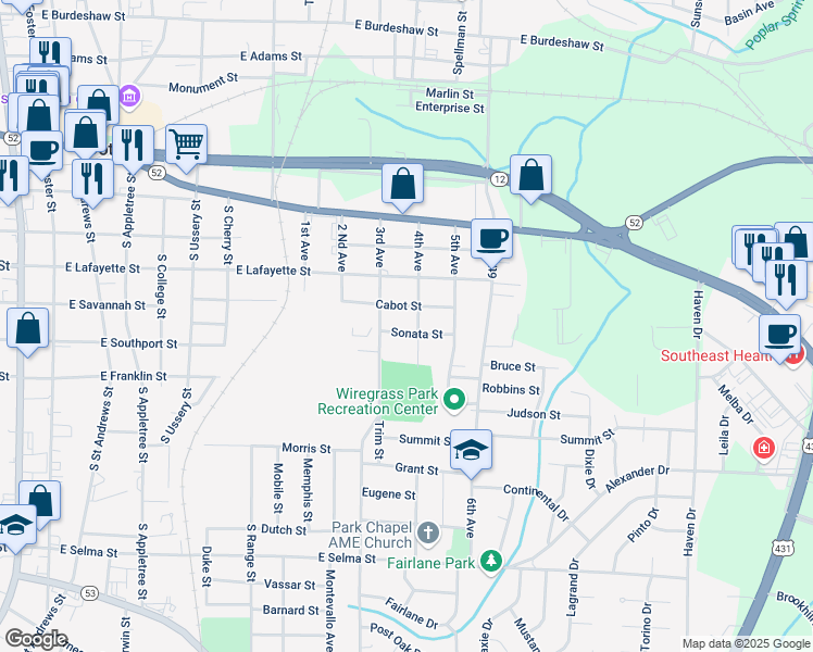 map of restaurants, bars, coffee shops, grocery stores, and more near 1004 Cabot St in Dothan