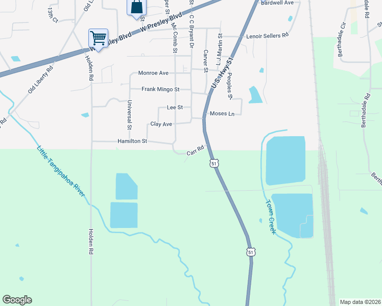 map of restaurants, bars, coffee shops, grocery stores, and more near 1025 Carr Rd in McComb