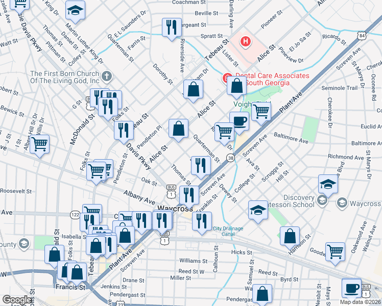 map of restaurants, bars, coffee shops, grocery stores, and more near 306 Butler Street in Waycross