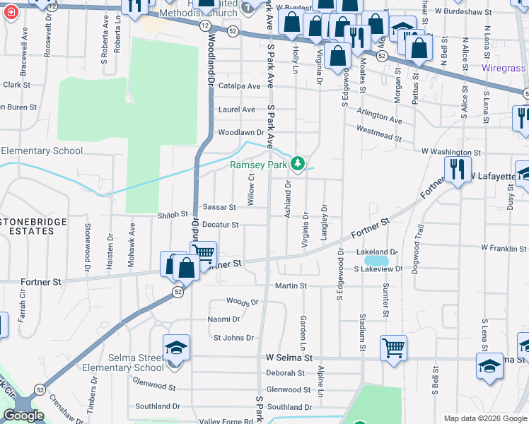map of restaurants, bars, coffee shops, grocery stores, and more near 717 Willow Court in Dothan