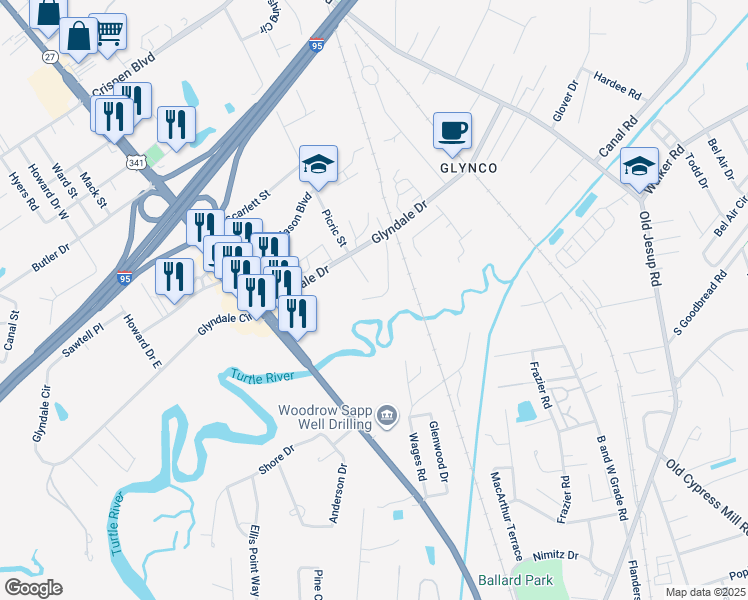 map of restaurants, bars, coffee shops, grocery stores, and more near 140 Riverside Road in Brunswick