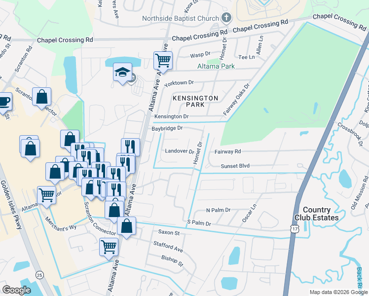 map of restaurants, bars, coffee shops, grocery stores, and more near 133 Landover Circle in Brunswick