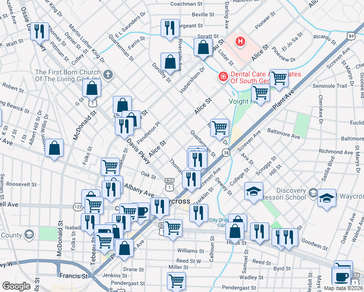 map of restaurants, bars, coffee shops, grocery stores, and more near 306 Butler Street in Waycross