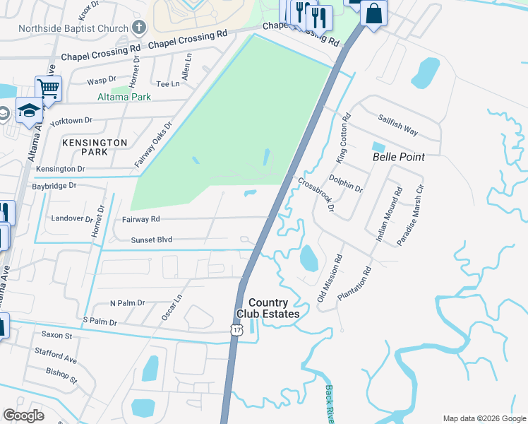 map of restaurants, bars, coffee shops, grocery stores, and more near 1101 Fairway Road in Brunswick