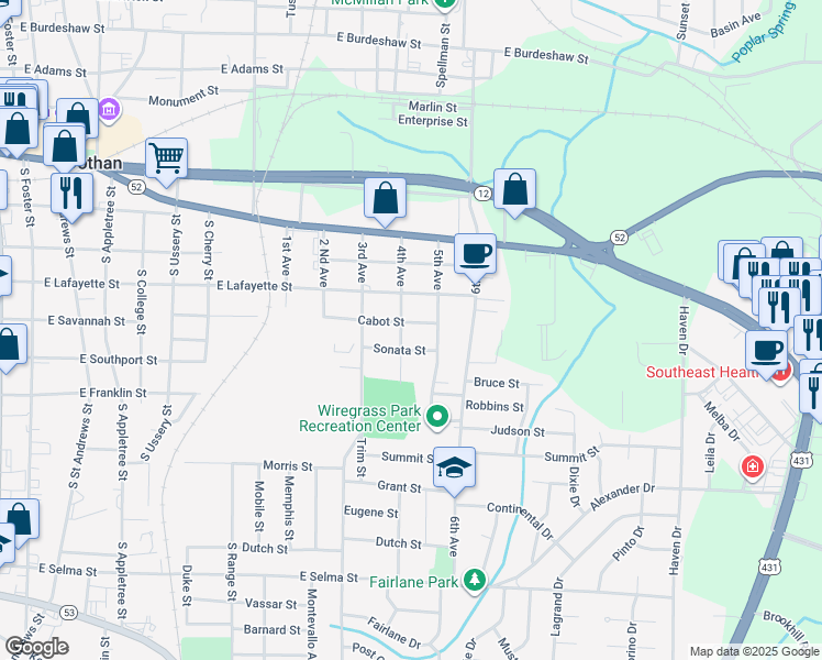map of restaurants, bars, coffee shops, grocery stores, and more near 1100 Cabot Street in Dothan