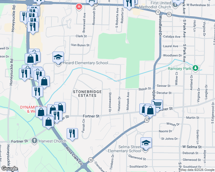 map of restaurants, bars, coffee shops, grocery stores, and more near 2026 Stonewood Drive in Dothan
