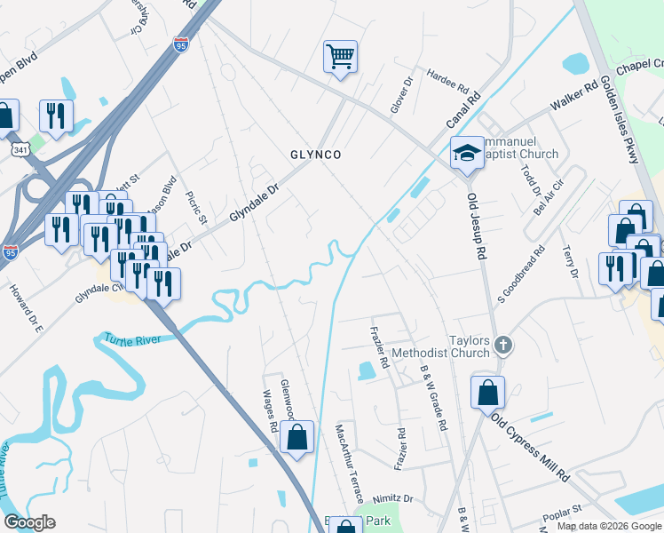 map of restaurants, bars, coffee shops, grocery stores, and more near 322 Wages Road in Brunswick