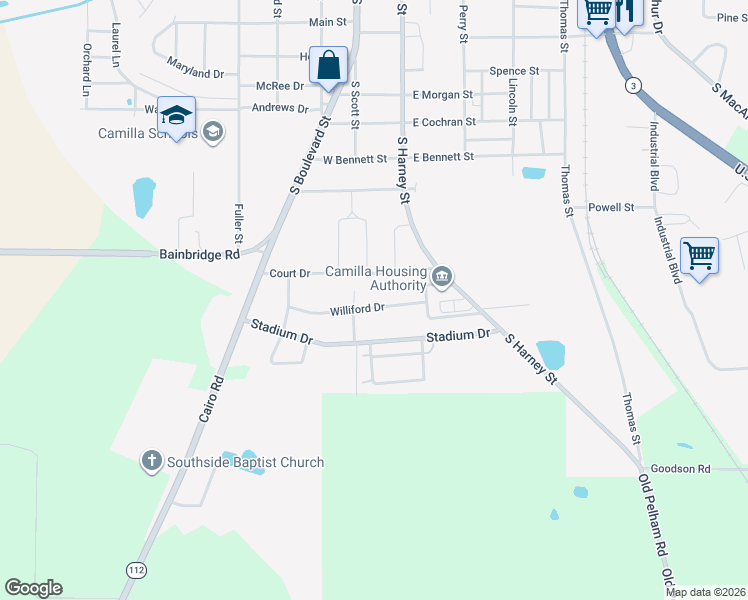 map of restaurants, bars, coffee shops, grocery stores, and more near 47 Williford Drive in Camilla