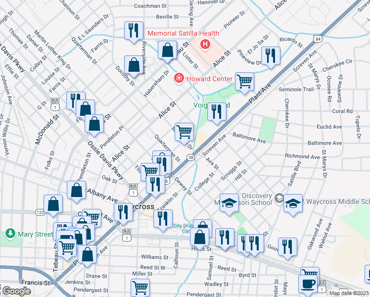 map of restaurants, bars, coffee shops, grocery stores, and more near 1312 Plant Avenue in Waycross